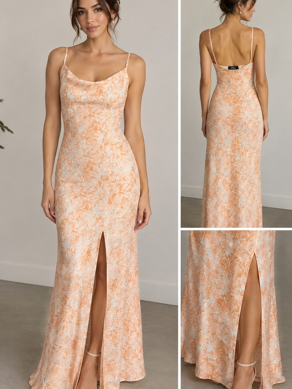 Sleeveless Peach Floral Cowl Neck Maxi Dress with Front Slit